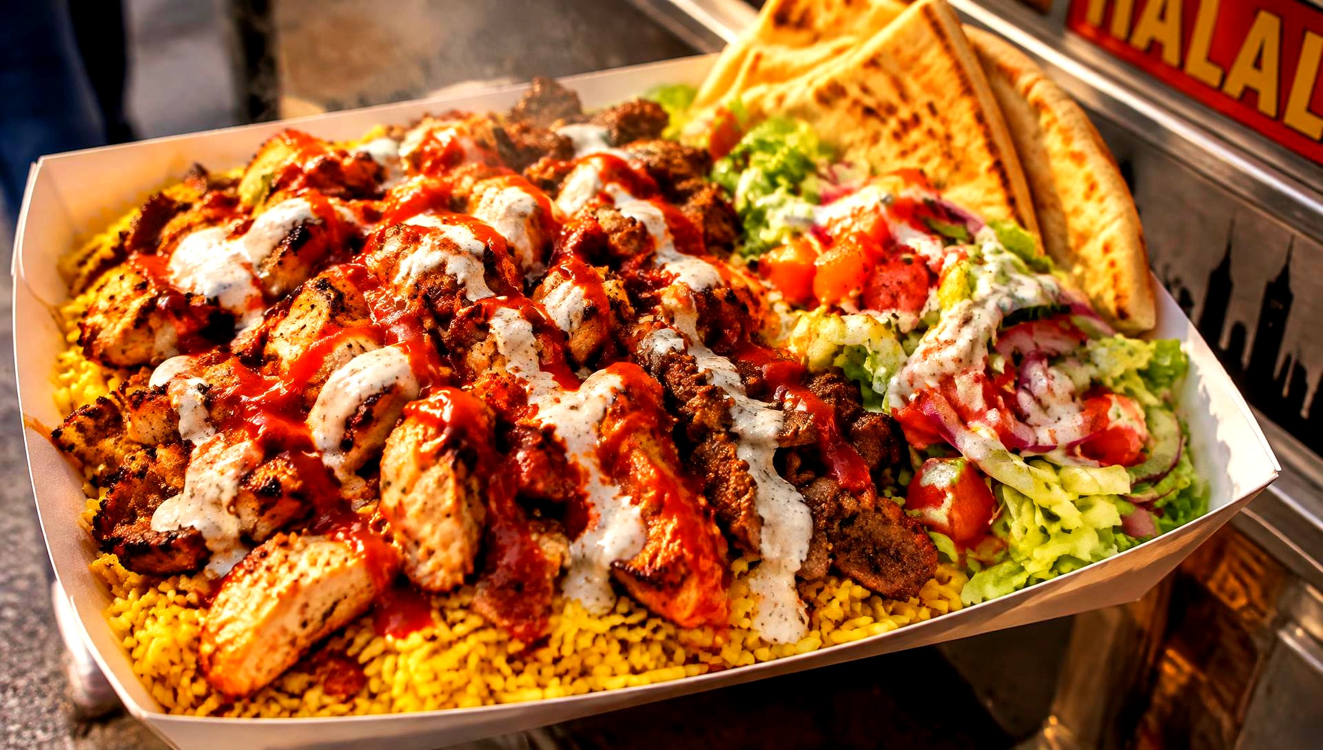 Halal chicken and lamb over rice with white sauce and pita bread