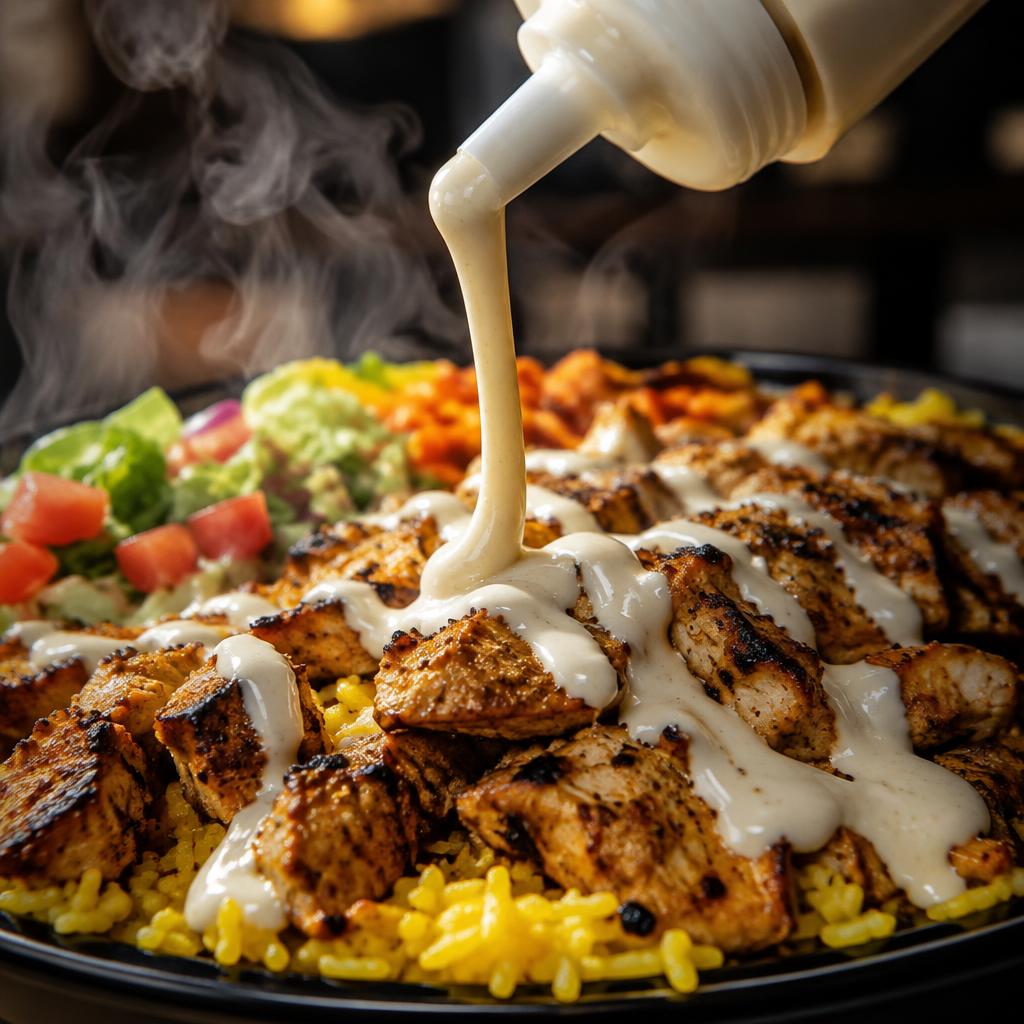 White sauce being drizzled over a hot halal platter